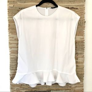 Zara Ruffle Hem Boxy White Cap Sleeve Blouse Top White